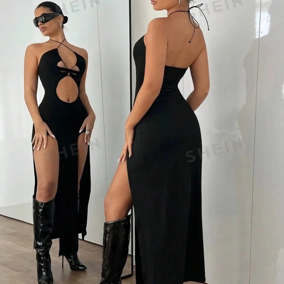 Cut Out High Slit Halter Dress 🖤 - Picture 1 of 4